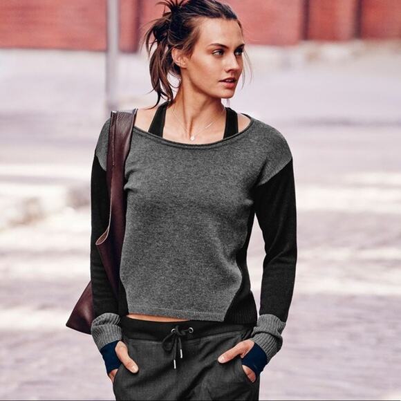 Athleta Small Merino Wool Frisco Sweater Boat Neck Colorblock Cream Brown - Picture 13 of 13